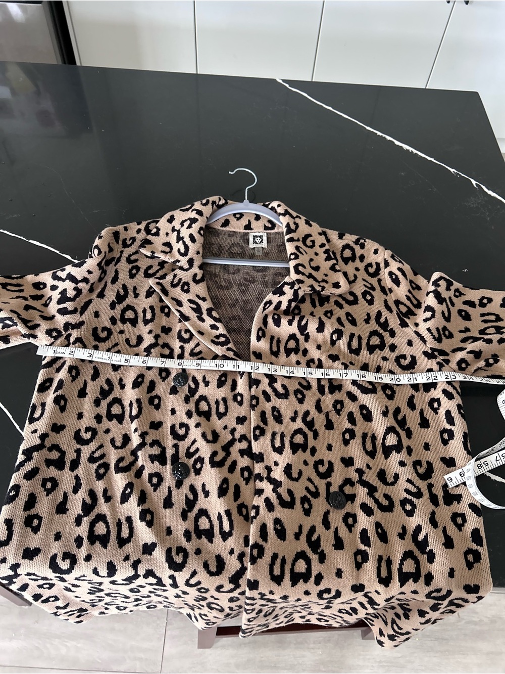Anne Klein Tan Black Leopard Print Open Front Sweater Blazer Long Cardigan Layer - Picture 9 of 10